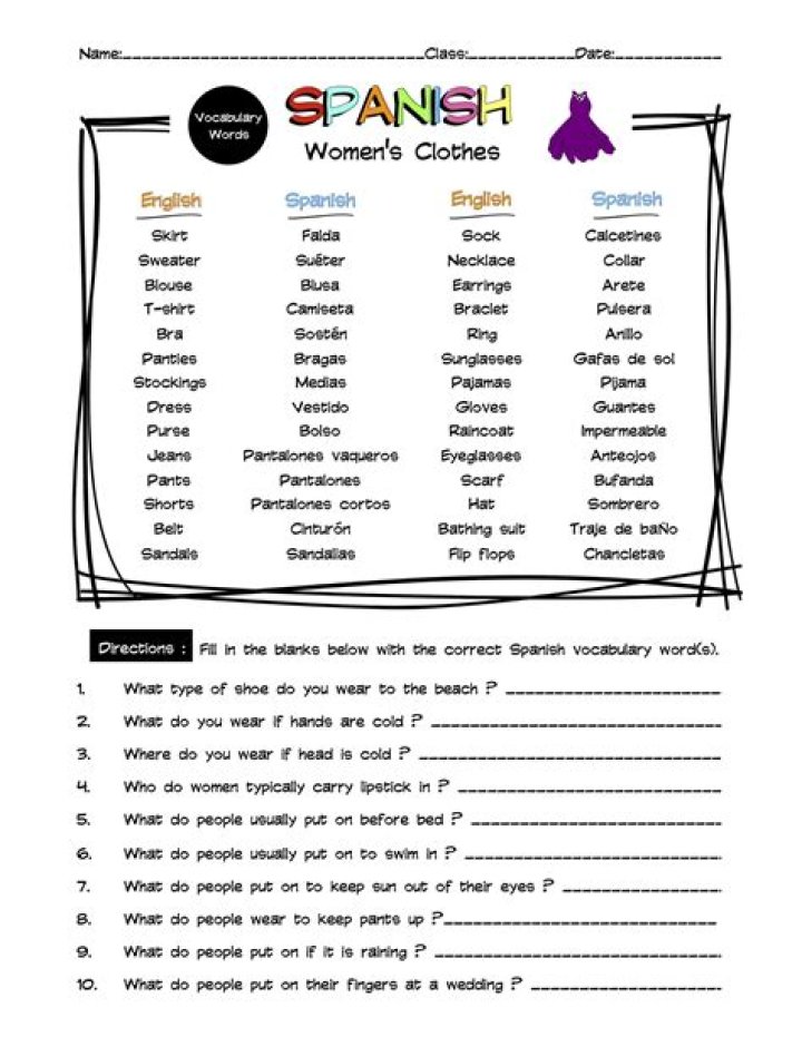 What are 10 clothing items in Spanish?
